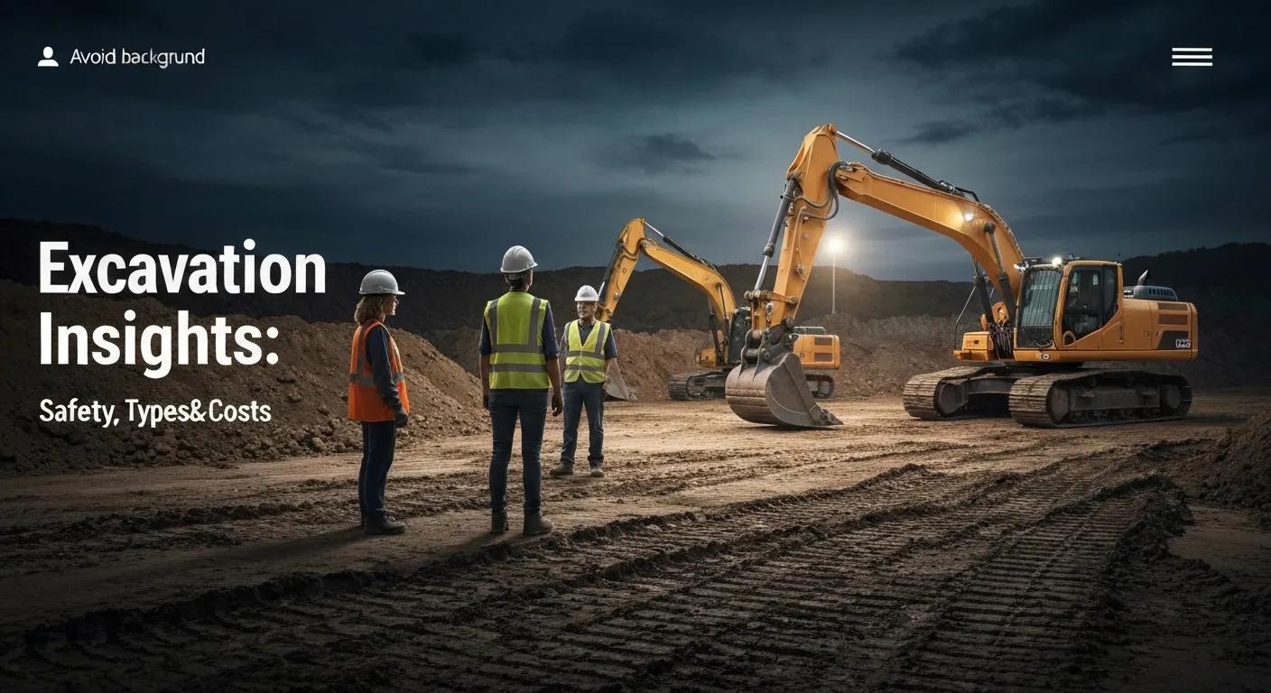 Construction site with excavators and workers in safety gear discussing excavation insights, emphasizing safety, types, and costs.