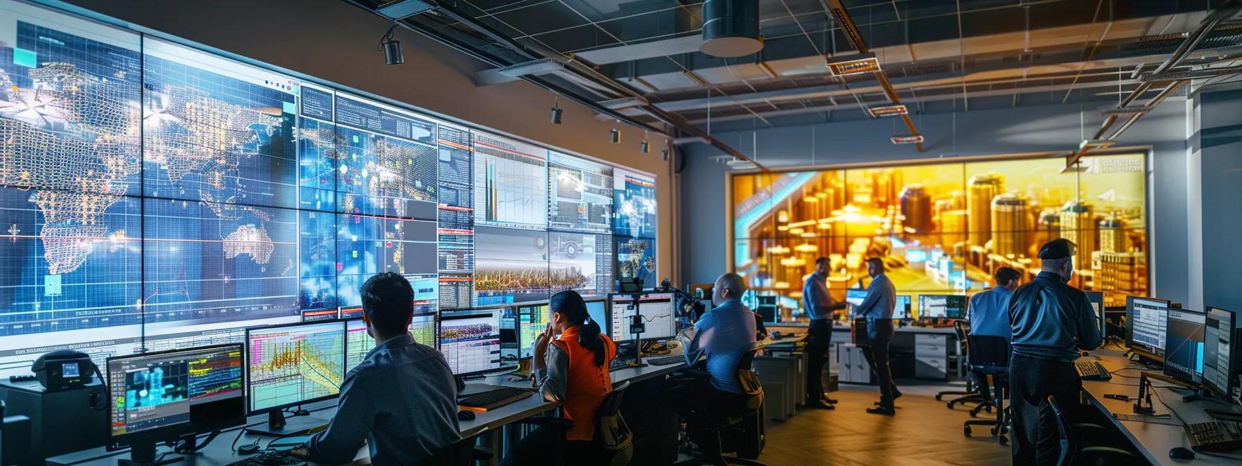 a dynamic construction office filled with diverse professionals engaged in high-tech monitoring, analyzing data on large screens, while detailed blueprints and risk assessment charts are prominently displayed on the walls, highlighting the continuous oversight of construction project risks.