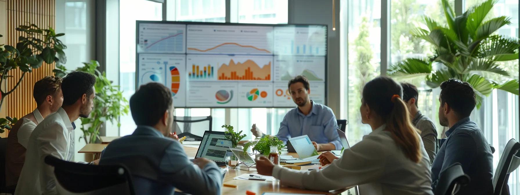 a dynamic construction project meeting takes place in a modern office, showcasing a diverse team engaged in heated discussion around a digital presentation highlighting risk management challenges, with charts and graphs emphasizing the complexities of communication and planning.