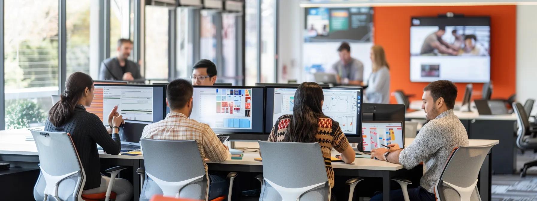 Team collaborating in a modern office environment with multiple monitors, showcasing digital project management tools and real-time updates for effective communication in siteworks projects.