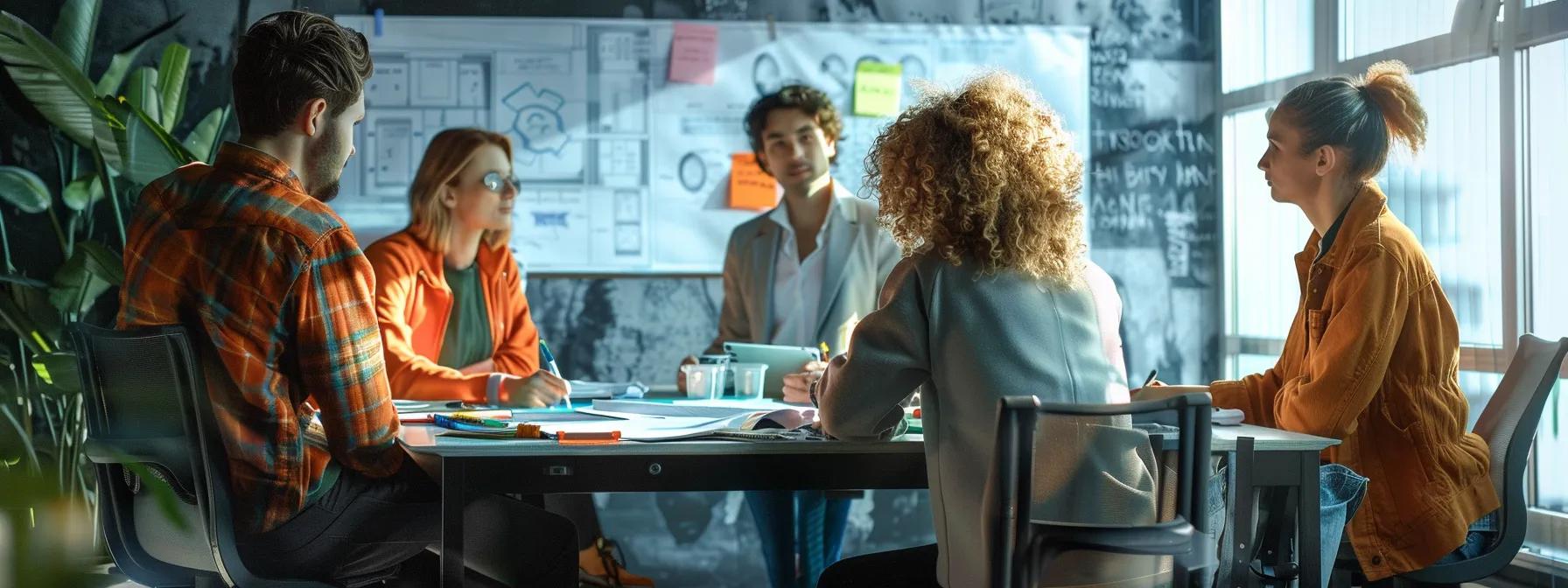 Group of professionals in a meeting discussing siteworks project strategies, surrounded by planning materials and charts, emphasizing collaboration and effective communication.
