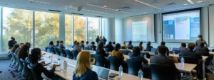 a dynamic training room filled with engaged professionals focused on interactive project management presentations, featuring modern technology and vibrant learning materials that emphasize collaborative success.