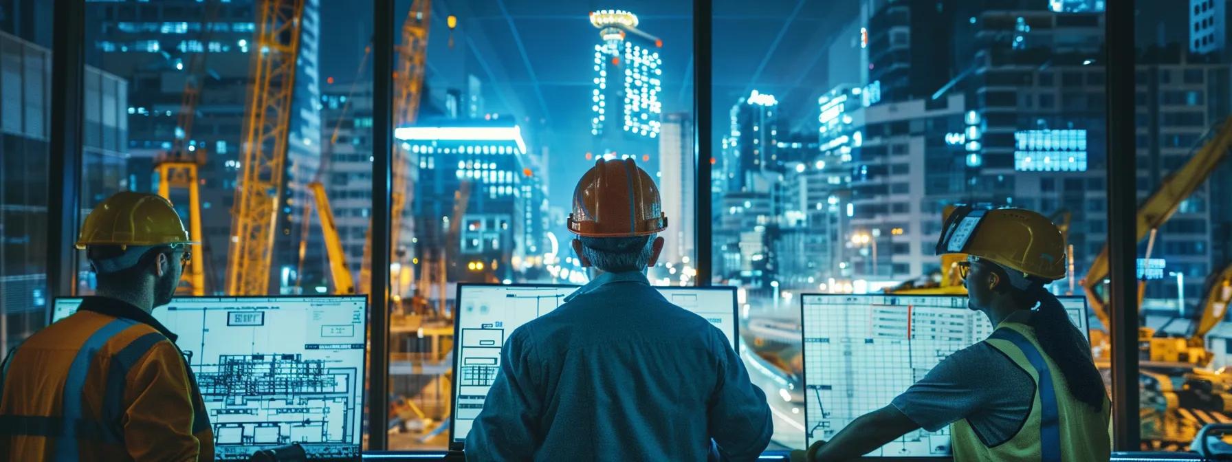 Three construction workers in hard hats observing urban construction site through large windows, with digital plans displayed on monitors, highlighting communication and project management in siteworks projects.
