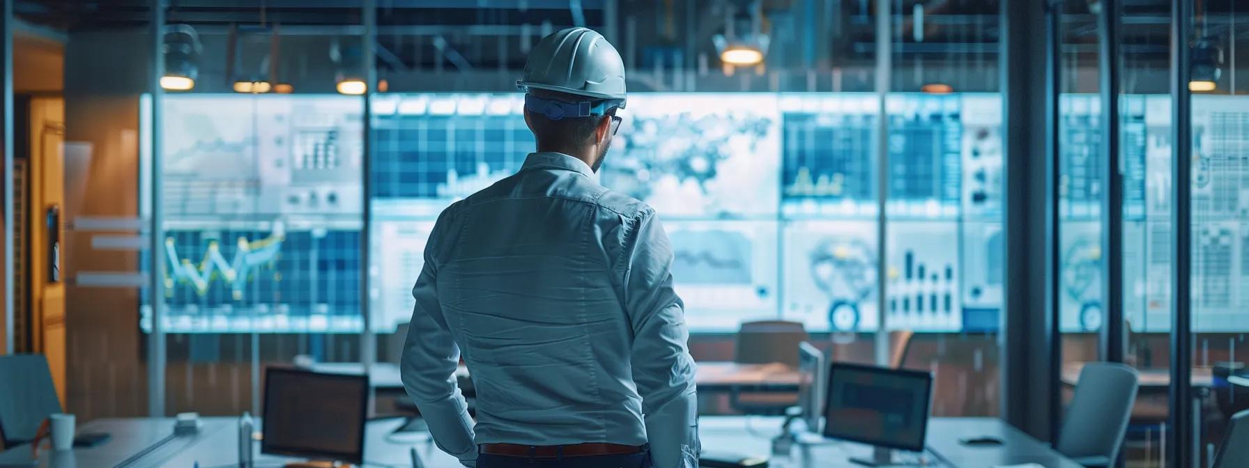 a focused construction project manager analyzes a digital risk assessment dashboard in a modern conference room, surrounded by blueprints and project plans, emphasizing the critical decision-making process in prioritizing project threats.
