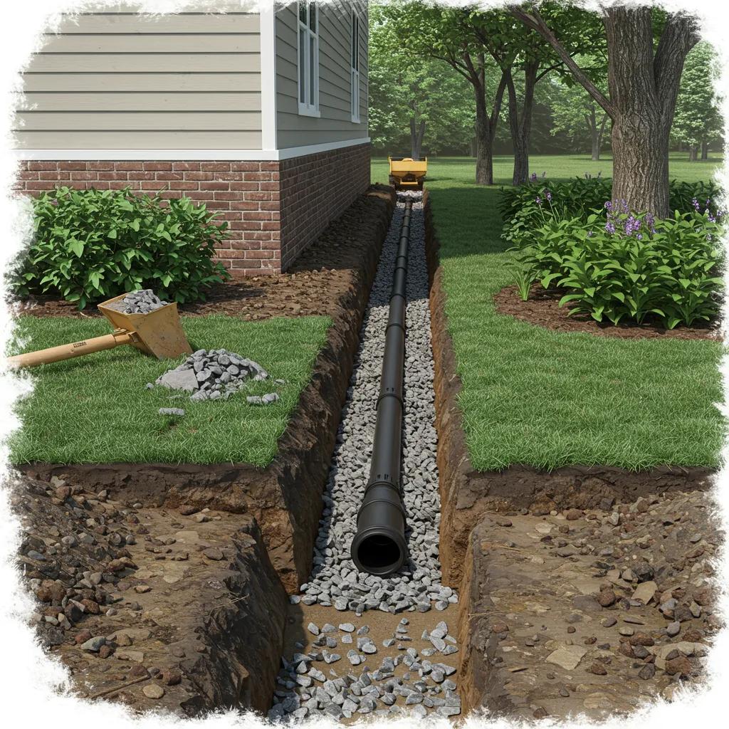 French drain installation in a residential area, featuring a trench filled with gravel and a perforated pipe to manage groundwater, with a shovel and gravel nearby.
