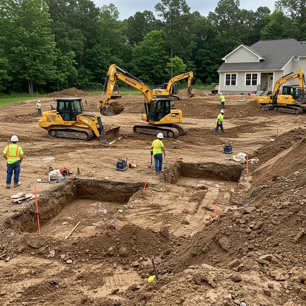 Construction site with excavators and workers preparing soil for residential foundations, showcasing trenching and grading activities essential for site preparation.